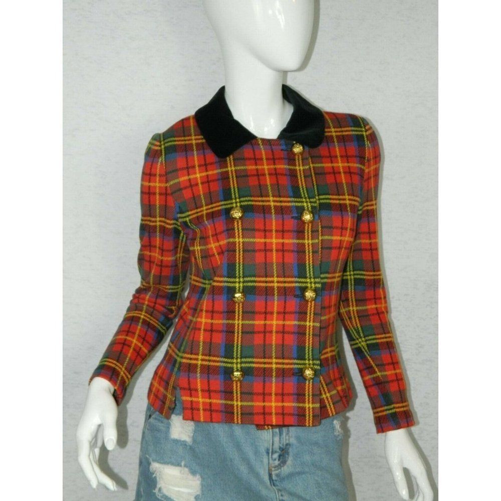 Adrienne Vittadini Blazer Red Plaid Velvet Trim Double Vested Gold Buttons Sz 6
